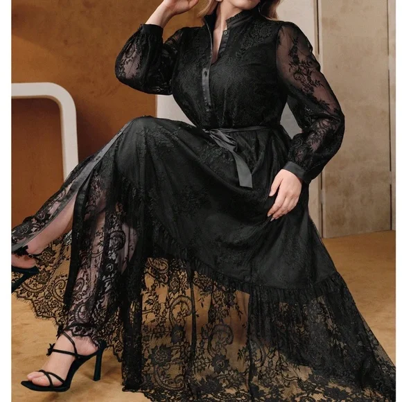 Plus Black Eyelash Lace Button Down Semi Sheer Long Sleeve Dress - Picture 1 of 5